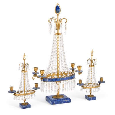 Lot 785 - A GILT-BRASS AND LAPIS LAZULI GARNITURE