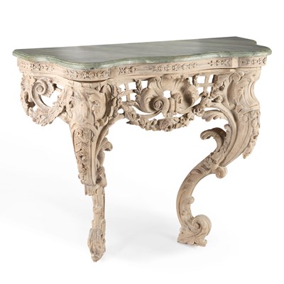 Lot 1042 - AN 18TH CENTURY STYLE CARVED AND PAINTED CONSOLE TABLE
