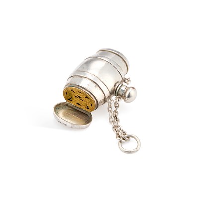 Lot 252 - A VICTORIAN SILVER-PLATED NOVELTY COMBINATION SCENT BOTTLE AND VINAIGRETTE