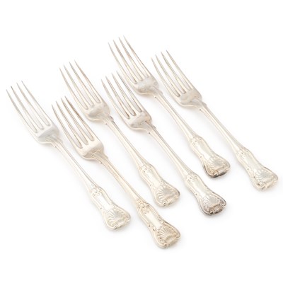 Lot 362 - A SET OF SIX GEORGE III SILVER TABLE FORKS