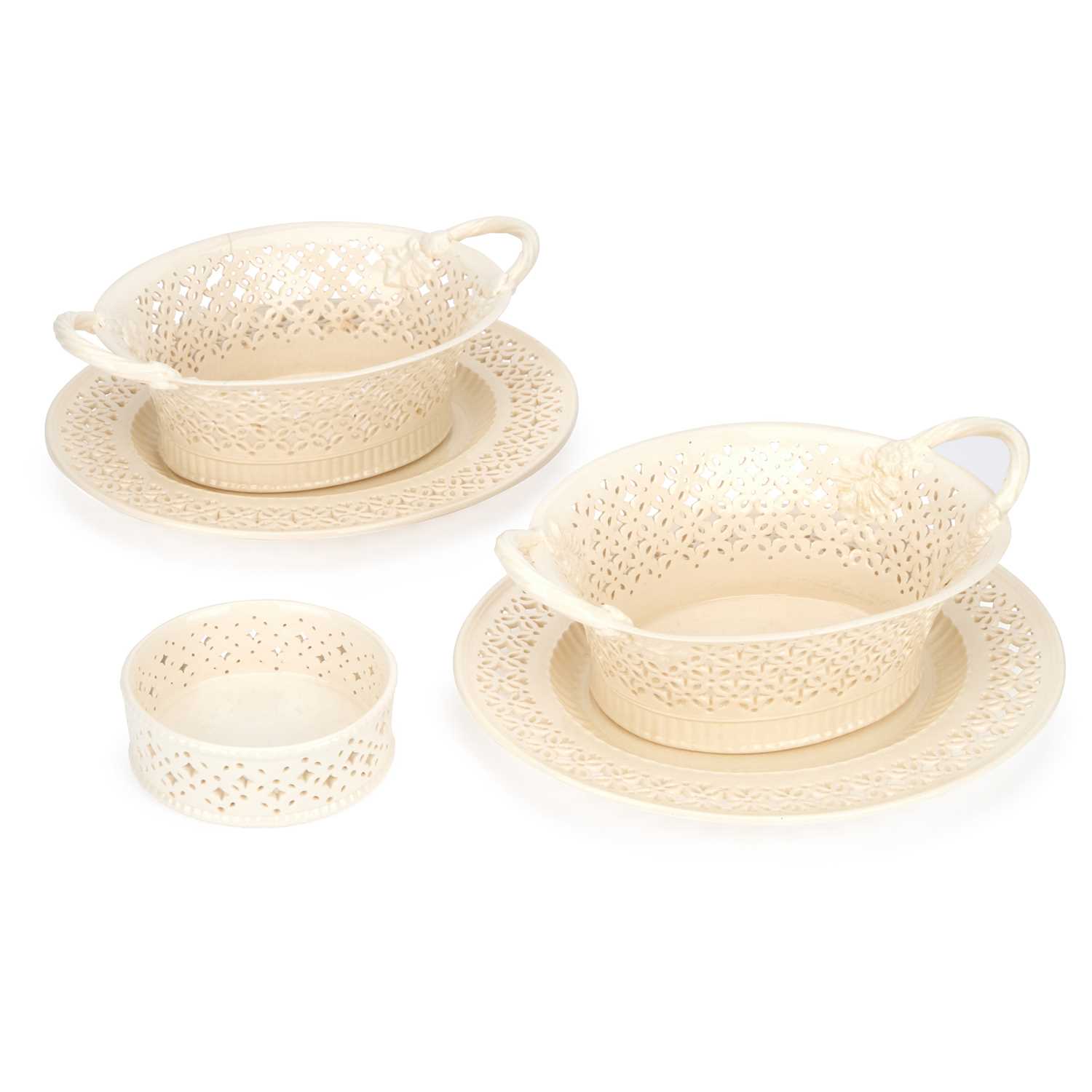 Lot 102 - A PAIR OF LEEDS POTTERY CREAMWARE BASKETS ON STANDS