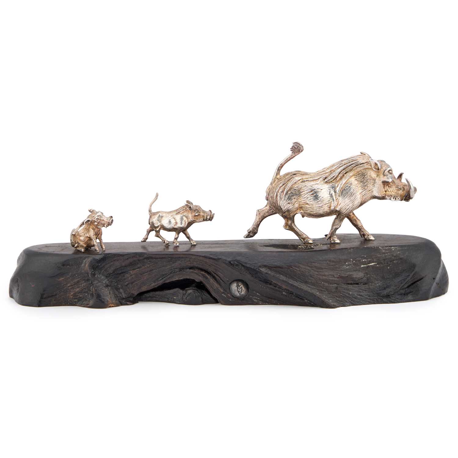Lot 383 - PATRICK MAVROS: A SILVER SCULPTURE OF A WARTHOG FAMILY RUNNING