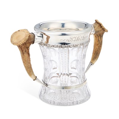 Lot 275 - A LARGE AMERICAN STERLING SILVER, CUT-GLASS AND ANTLER-HANDLED LOVING CUP