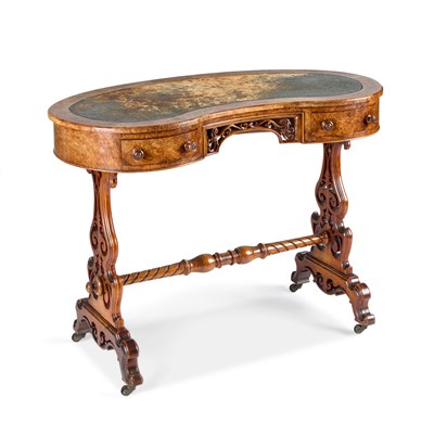 Lot 1065 - A VICTORIAN BURR WALNUT KIDNEY-SHAPED WRITING TABLE