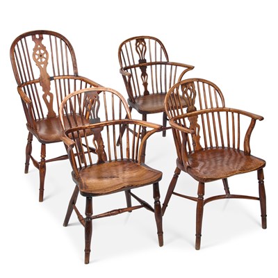 Lot 960 - A GROUP OF FOUR 19TH CENTURY YEW WOOD AND ELM WINDSOR CHAIRS