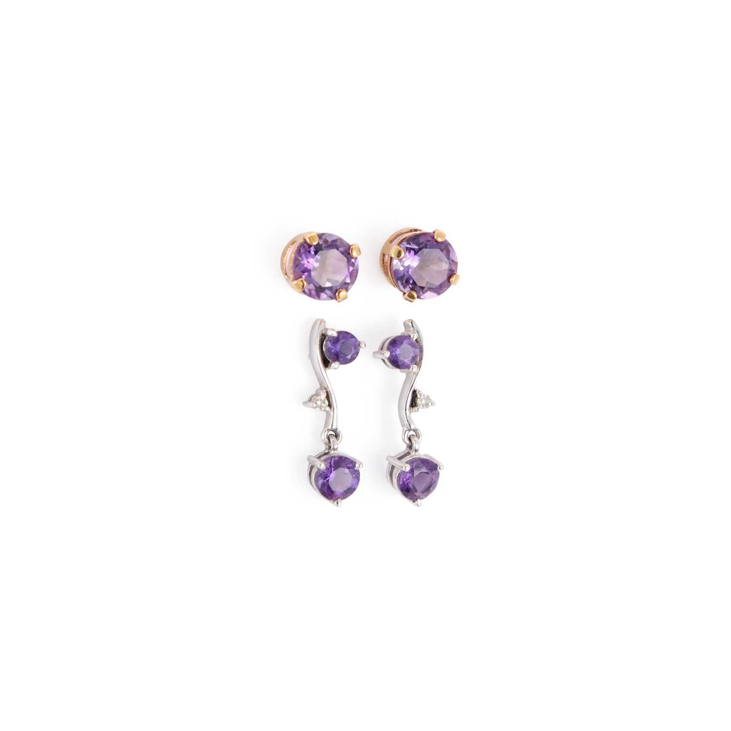 Lot 659 - A PAIR OF 9 CARAT WHITE GOLD AMETHYST AND DIAMOND DROP EARRINGS