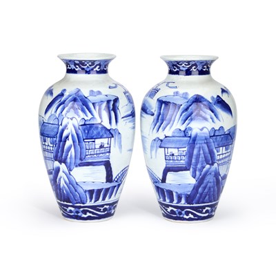 Lot 151 - A LARGE PAIR OF JAPANESE BLUE AND WHITE PORCELAIN VASES