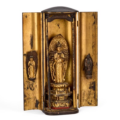 Lot 217 - A JAPANESE LACQUERED AND GILT TRAVELLING SHRINE (ZUSHI)