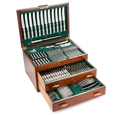 Lot 251 - A WALNUT-CASED SILVER-PLATED EXTENSIVE TABLE SERVICE OF FLATWARE