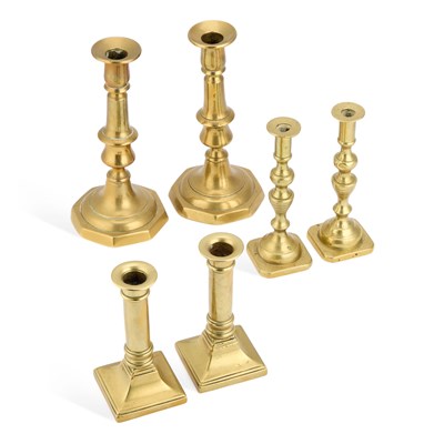 Lot 56 - THREE PAIRS OF 19TH CENTURY BRASS CANDLESTICKS