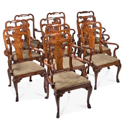 Lot 1058 - A GOOD SET OF TEN QUEEN ANNE STYLE WALNUT DINING ARMCHAIRS