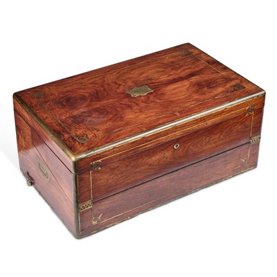 Lot 1086 - A LARGE 19TH CENTURY BRASS-INLAID CAMPHOR CAMPAIGN WRITING SLOPE