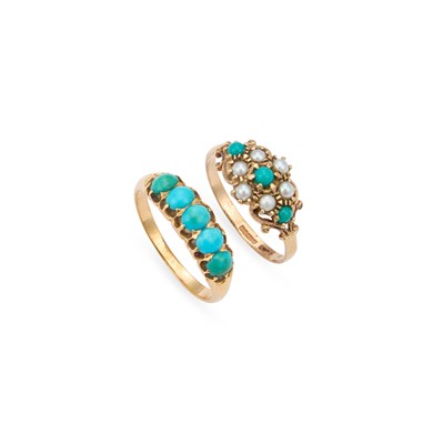 Lot 311 - A 9 CARAT GOLD TURQUOISE AND SEED PEARL RING AND A TURQUOISE RING