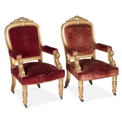 Lot 981 - A LARGE PAIR OF 19TH CENTURY FRENCH GILTWOOD ARMCHAIRS