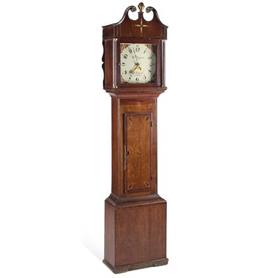 Lot 385 - A SMALL EARLY 19TH CENTURY OAK 30-HOUR LONGCASE CLOCK