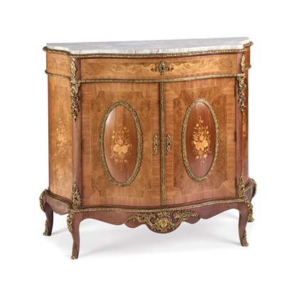 Lot 1014 - A LOUIS XV STYLE MARBLE-TOPPED, ORMOLU-MOUNTED AND FLORAL MARQUETRY SIDE CABINET