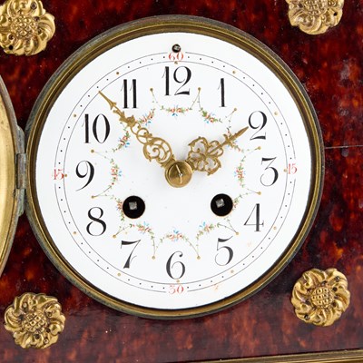 Lot 946 - A LARGE FRENCH GILT-METAL MOUNTED TORTOISESHELL MANTEL CLOCK