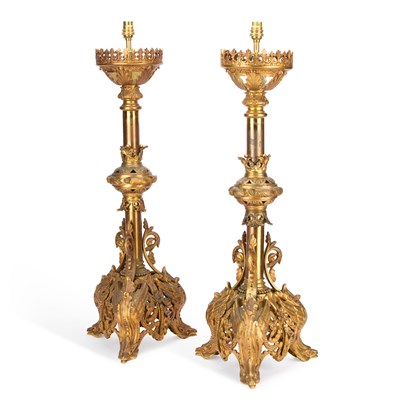 Lot 243 - A LARGE PAIR OF VICTORIAN GILT-BRASS LAMPS