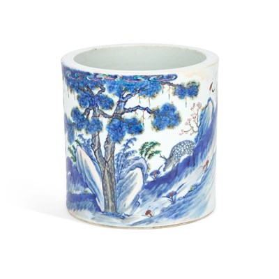 Lot 117 - A CHINESE DOUCAI PORCELAIN 'DEER AND CRANES' BRUSH POT