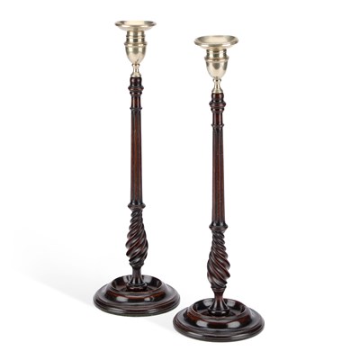 Lot 1012 - A PAIR OF 19TH CENTURY TURNED MAHOGANY TABLE CANDLESTICKS