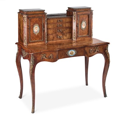 Lot 999 - A 19TH CENTURY ORMOLU AND PORCELAIN MOUNTED WALNUT BONHEUR-DU-JOUR
