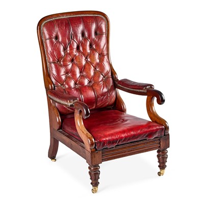 Lot 1001 - A WILLIAM IV MAHOGANY AND LEATHER UPHOLSTERED PATENTED RECLINING LIBRARY CHAIR