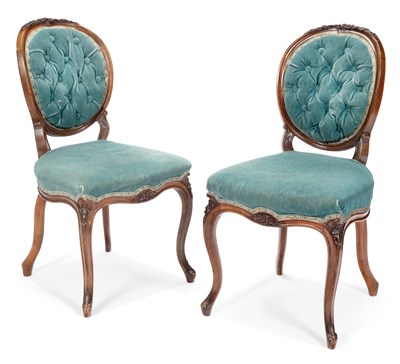 Lot 877 - A PAIR OF VICTORIAN WALNUT AND UPHOLSTERED SIDE CHAIRS