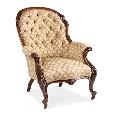Lot 1066 - A VICTORIAN WALNUT AND UPHOLSTERED ARMCHAIR
