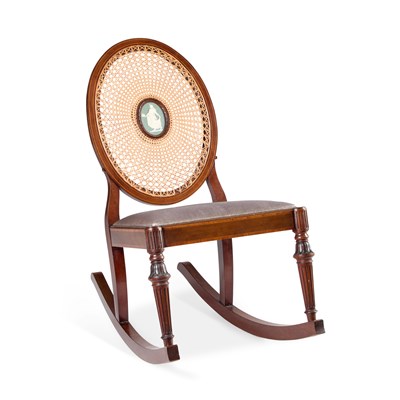 Lot 1067 - AN EDWARDIAN MAHOGANY, CANEWORK AND JASPERWARE ROCKING CHAIR