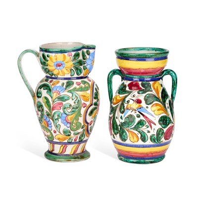 Lot 41 - AN ITALIAN POTTERY TWO-HANDLED VASE AND A JUG