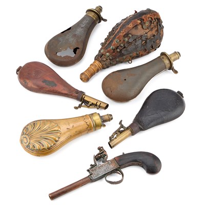Lot 6 - A COLLECTION OF POWDER FLASKS AND A PERCUSSION POCKET PISTOL