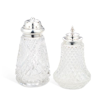 Lot 393 - TWO EARLY 20TH CENTURY SILVER-LIDDED CUT-GLASS SUGAR CASTERS