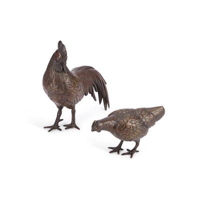 Lot 663 - A PAIR OF JAPANESE BRONZE CHICKENS