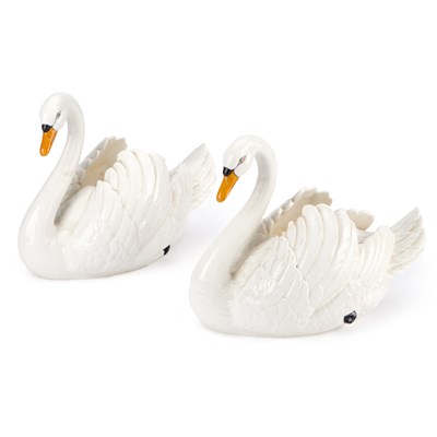 Lot 81 - A PAIR OF CONTINENTAL PORCELAIN SWAN-FORM POSY VASES