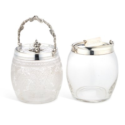 Lot 213 - TWO SILVER PLATE-MOUNTED GLASS BISCUIT BARRELS