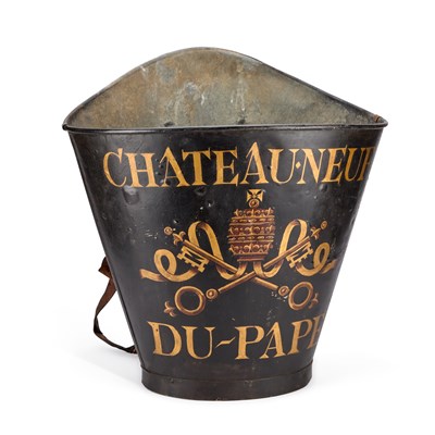 Lot 163 - A FRENCH PAINTED METAL CHATEAUNEUF-DU-PAPE GRAPEPICKER’S HOD