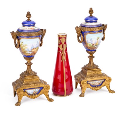 Lot 110 - A PAIR OF FRENCH GILT-METAL MOUNTED PORCELAIN VASES