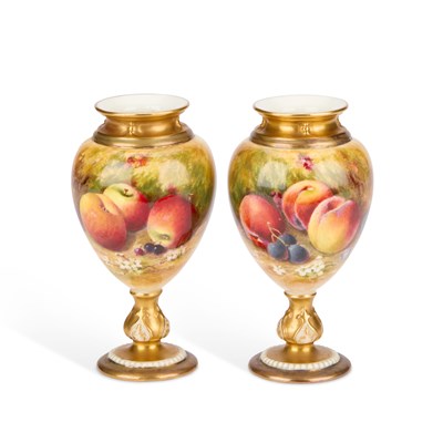 Lot 143 - A PAIR OF ROYAL WORCESTER FRUIT PAINTED VASES