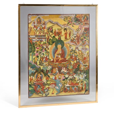 Lot 292 - A TIBETAN THANGKA DEPICTING THE LIFE STORY OF BUDDHA SHAKYAMUNI