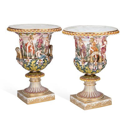 Lot 78 - A PAIR OF CONTINENTAL PORCELAIN CAMPANA VASES