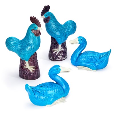 Lot 660 - A GROUP OF FOUR CHINESE TURQUOISE-GLAZED PORCELAIN BIRD FIGURES