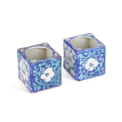Lot 596 - A PAIR OF CHINESE BLUE AND TURQUOISE-GLAZED PORCELAIN SQUARE BRUSH POTS