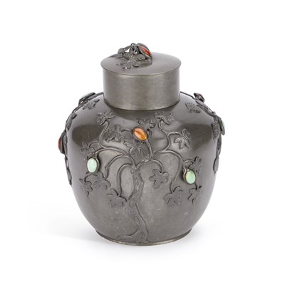Lot 195 - A CHINESE PEWTER AND HARDSTONE-MOUNTED JAR