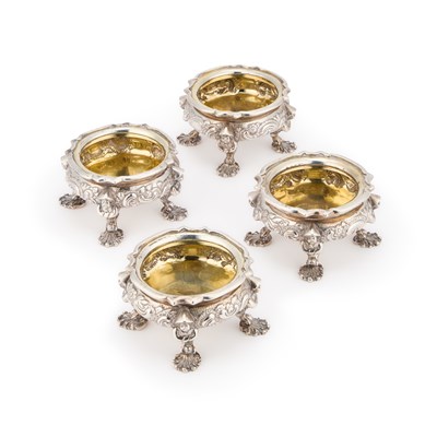 Lot 429 - A SET OF FOUR GEORGE III CHINOISERIE SILVER SALTS