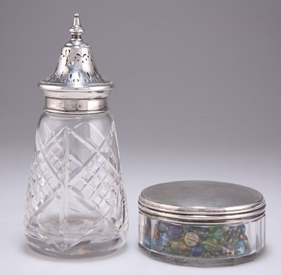 Lot 1312 - A VICTORIAN SILVER-TOPPED JAR AND AN ELIZABETH II SILVER-TOPPED SUGAR CASTER