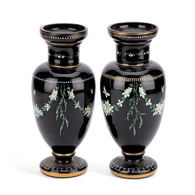 Lot 50 - A PAIR OF BLACK OPALINE GLASS VASES