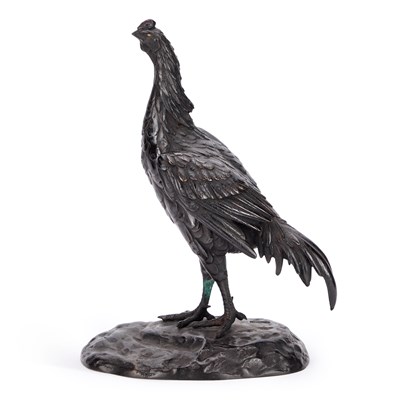 Lot 665 - A JAPANESE PATINATED BRONZE MODEL OF A COCKEREL