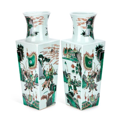 Lot 550 - A PAIR OF CHINESE FAMILLE VERTE SQUARE-SECTION VASES
