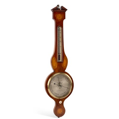 Lot 930 - A GEORGE III MAHOGANY BANJO BAROMETER