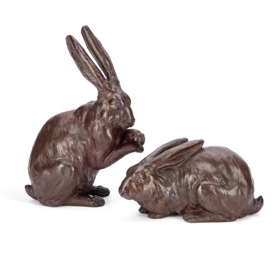 Lot 191 - A PAIR OF JAPANESE BRONZE MODELS OF HARES